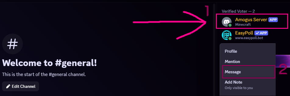Discord member list showing the Amogus Server bot and its Message option