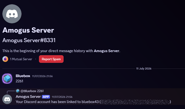 Direct message in which the Amogus Server bot confirms that an account has been linked
