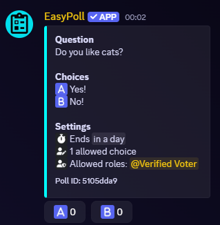 Example EasyPoll Discord poll with two choices restricted to the Verified Voter role